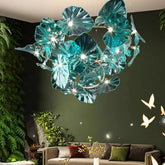 Stained glass leaf chandelier with sculptural clustered ceiling design