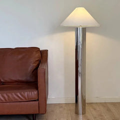 “Modern stainless steel column floor lamp with minimalist fabric shade”