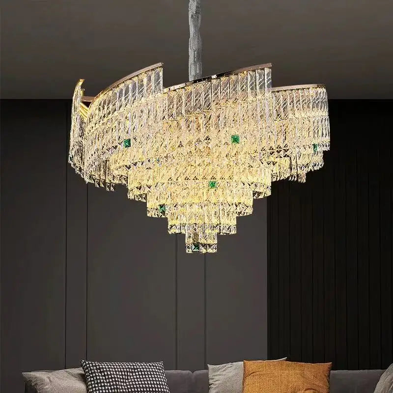 “Statement rotating crystal chandelier for luxury living rooms”