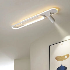 Linear ceiling light fixture with directional spotlights for accent lighting