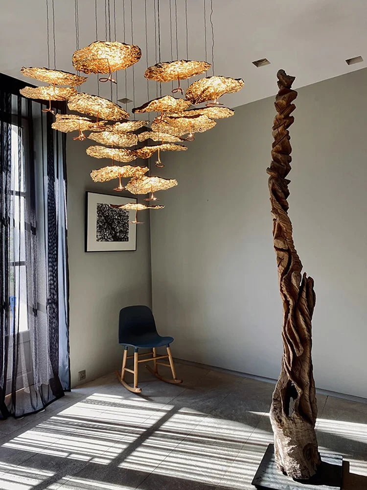 Textured metal chandelier with layered modern ceiling design
