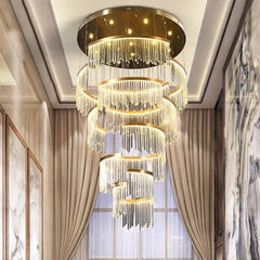 Tiered crystal chandelier designed for duplex living room tall ceiling