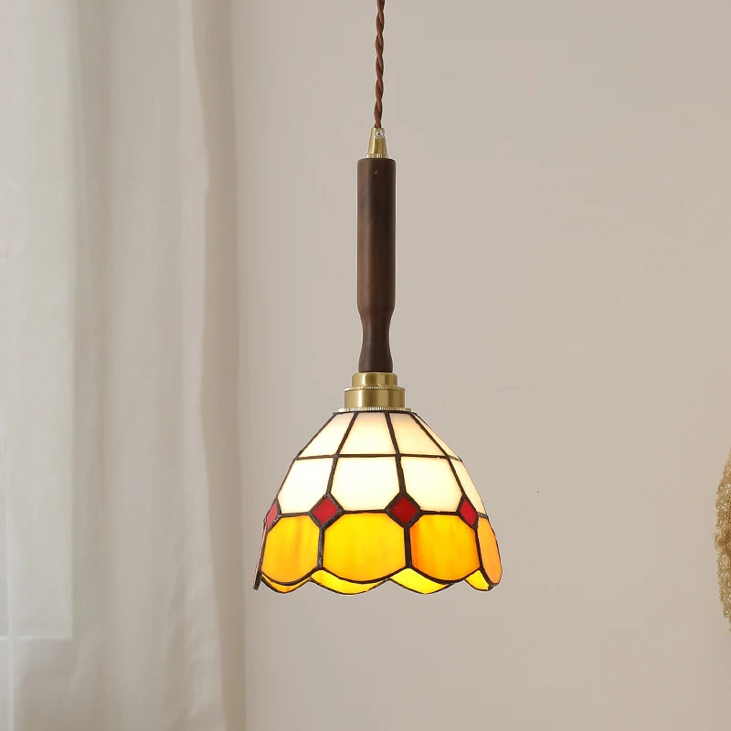 “Tiffany style stained glass pendant light with walnut and adjustable cord, E27”