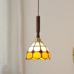 “Tiffany style stained glass pendant light with walnut and adjustable cord, E27”