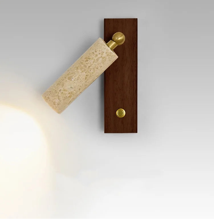 “Rotatable wall lamp with yellow travertine and wood base”