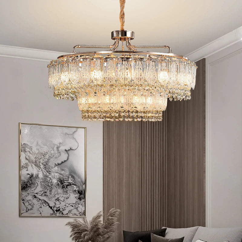 “Two-tier crystal chandelier with brass hardware for luxury dining”