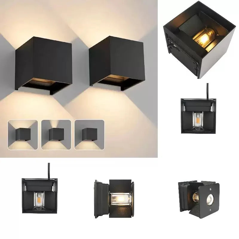 “Modern up-and-down LED wall lamp casting symmetrical beams on white facade.”