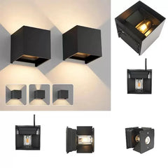 “Modern up-and-down LED wall lamp casting symmetrical beams on white facade.”