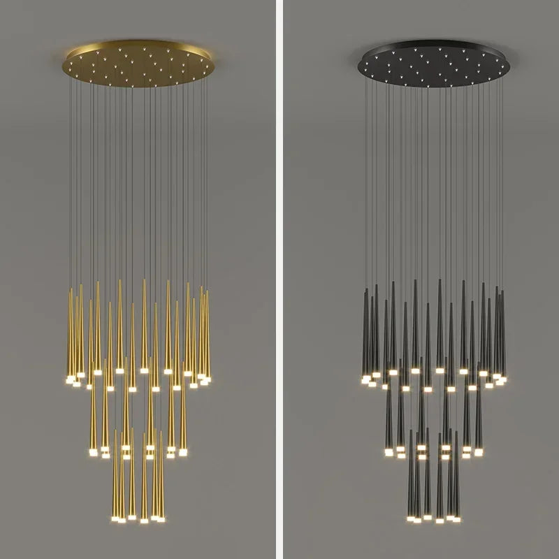 Hanging spiral chandelier providing ambient light in a tall space