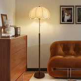 “Vintage bamboo iron floor lamp with dimmable LED and fabric shade”