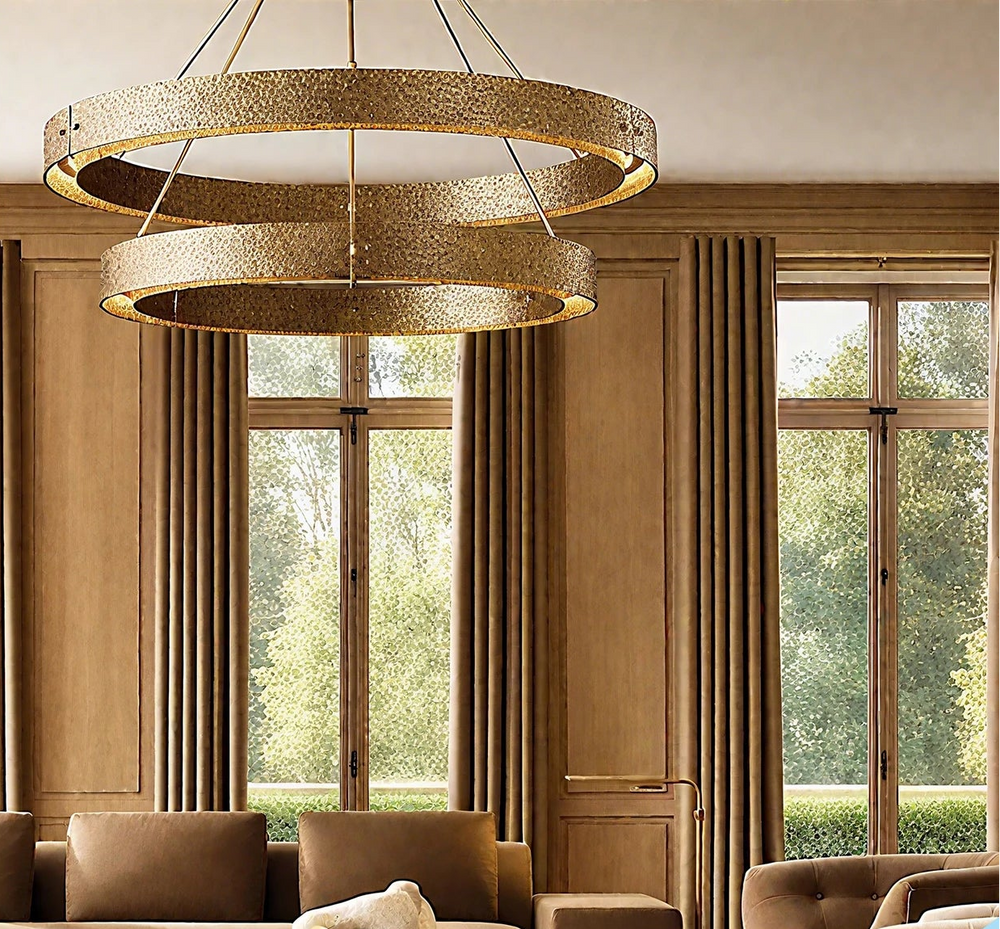 Vintage brass ring chandelier with layered circular ceiling design