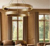 Vintage brass ring chandelier with layered circular ceiling design