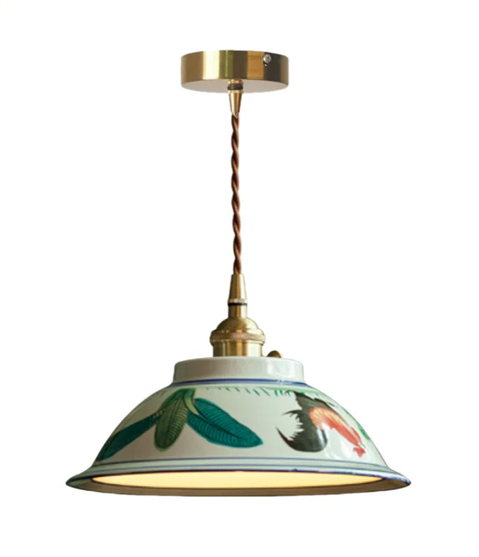 Pendant light with floral design on a white background; Vintage ceramic pendant light with floral painting for dining or kitchen.