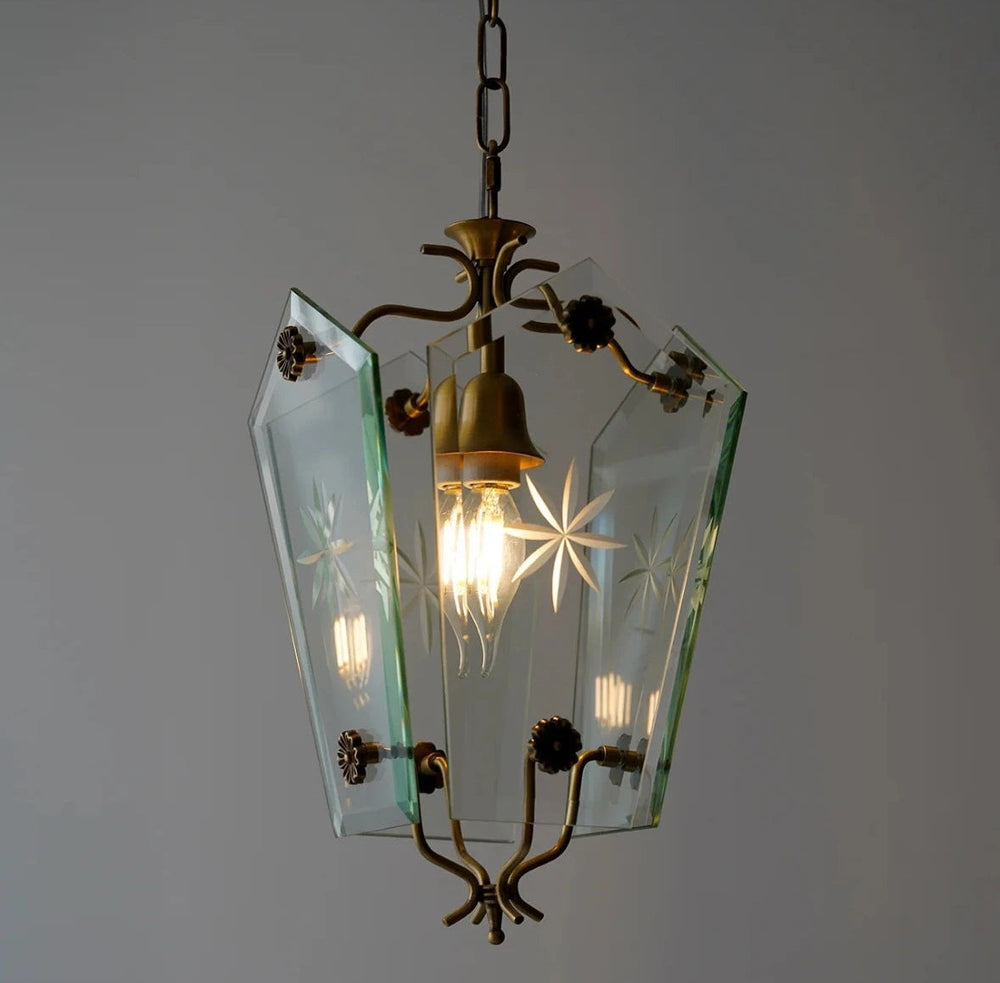 Vintage glass pendant light with flower-patterned shade for dining room ambient lighting