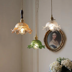 “Vintage green glass flower pendant light with copper finish, E27”