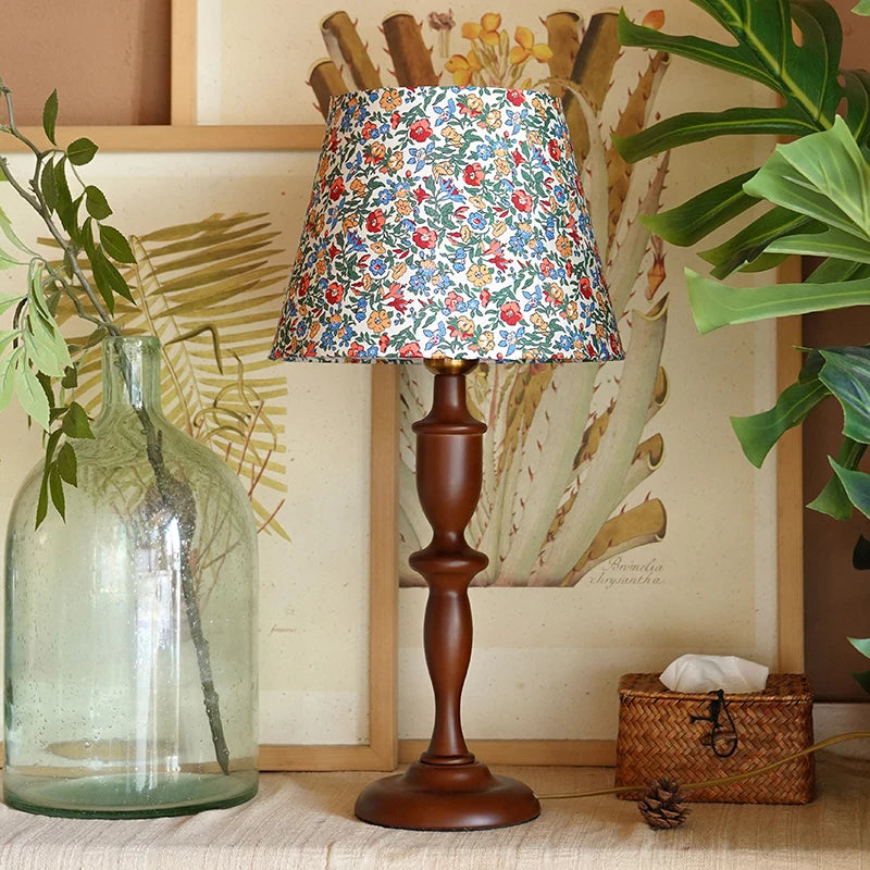 “Vintage solid wood table lamp with floral fabric shade for bedrooms”