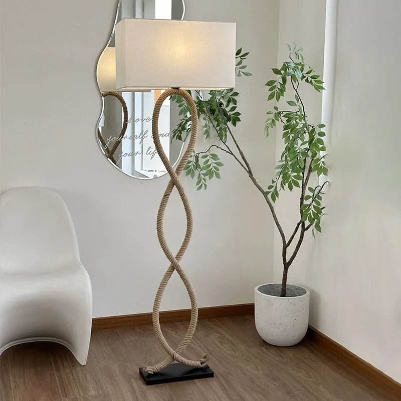 “Wabi Sabi hemp rope floor lamp with rattan fabric shade”
