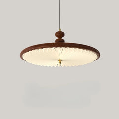 “Medieval wabi sabi walnut swing arm pendant with pleated pvc lampshade, E27 LED”