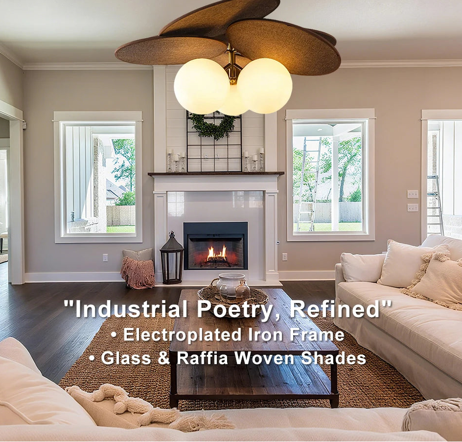 Raffia style textured pendant light with glass shade and E14 base for living room