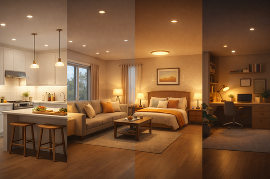 “3D home interior showing different rooms lit with correct brightness levels to explain how many lumens are needed per room.