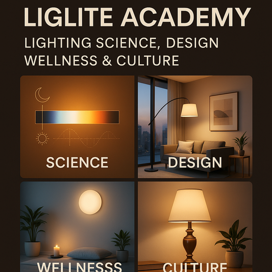 Four-panel visual showing lighting categories: science, design, wellness, and culture, featuring warm and calming interior lighting scenes and lamp setups.