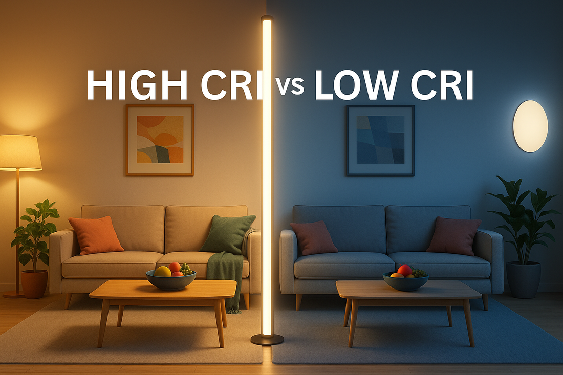 Split-view living room showing dull Standard LED (CRI 80) vs vibrant Liglite High-Performance lighting (CRI 95+) with realistic colors and depth.