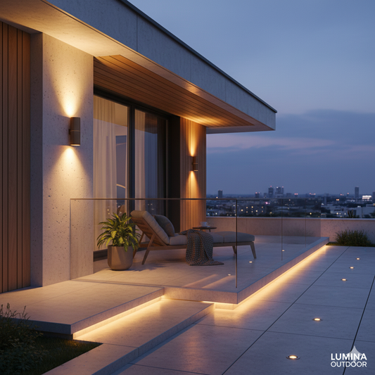 “3D outdoor balcony and exterior lighting scene with warm ambient lights creating a cozy and safe evening atmosphere.”