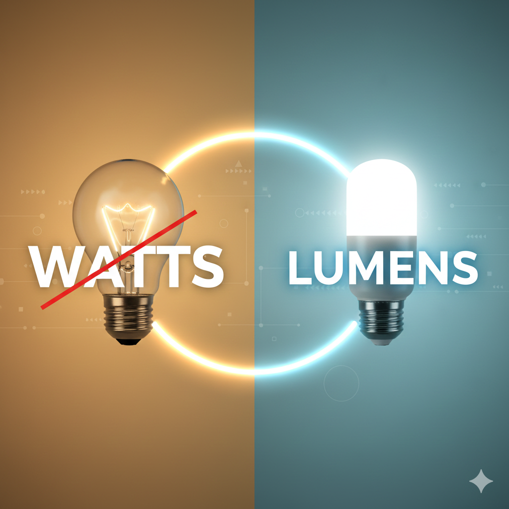 Modern graphic showing an old incandescent bulb with "WATTS" crossed out on the left, connected by a glowing arc to a bright LED bulb with "LUMENS" on the right, symbolizing the evolution of lighting measurement.