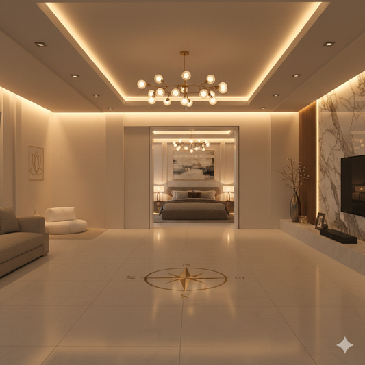 Modern luxury home interior showing Vastu-aligned lighting with warm layered illumination and directional harmony.