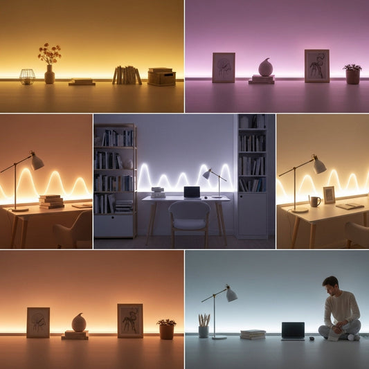 Colourful 3D interior showing flicker-free lighting with smooth illumination, calm atmosphere, and a modern home workspace.