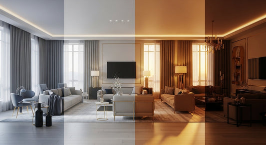 24-hour circadian lighting scene in a modern home showing morning cool light, bright daytime, warm evening glow, and dim night lighting.