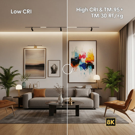 3D comparison of low CRI vs high CRI and TM-30 lighting showing natural, vivid color accuracy in a modern living room.