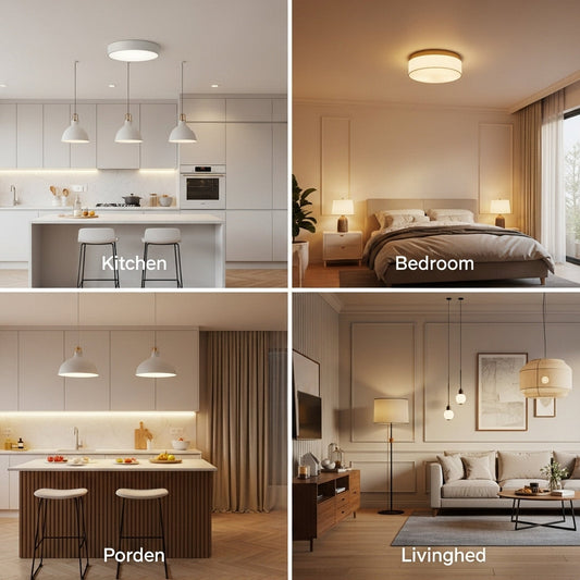 “3D interior showing kitchen, bedroom, and living room with different lighting styles and moods in one modern home.”