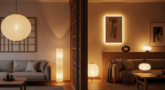 Zen and hygge inspired living room with warm layered lighting creating a calm and cozy interior atmosphere.