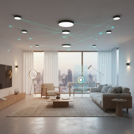 3D modern home interior showing smart lighting with tunable white tones and connected lights controlled through a smart system.