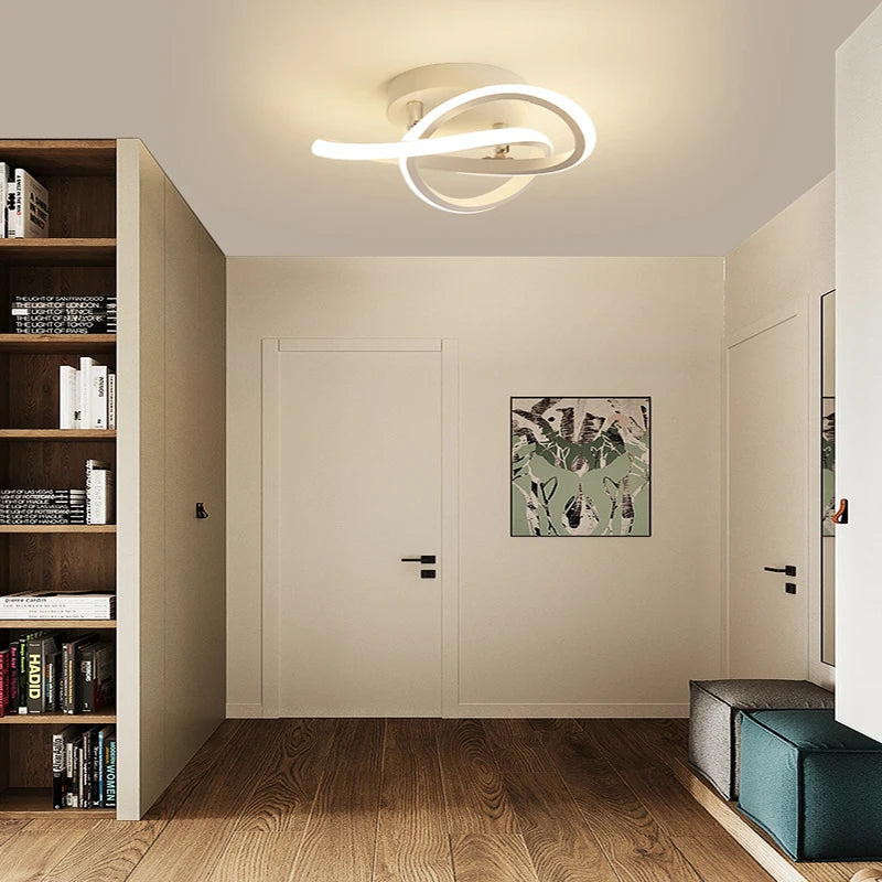 Interior view of a hallway featuring two black swirl LED semi-flush ceiling lights