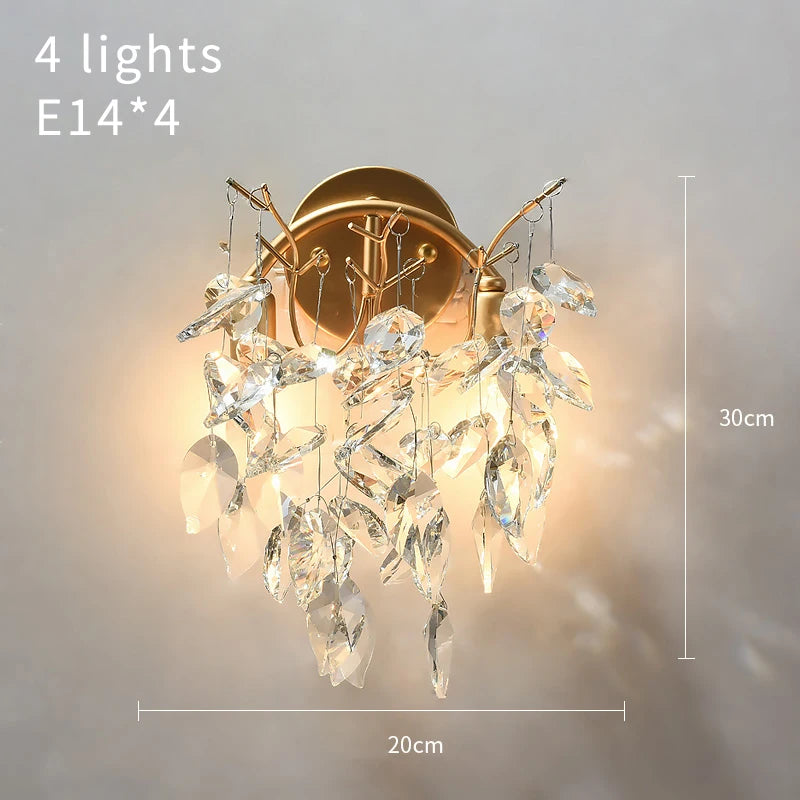 Ceiling light fixture with crystal design and dimensions on a neutral background