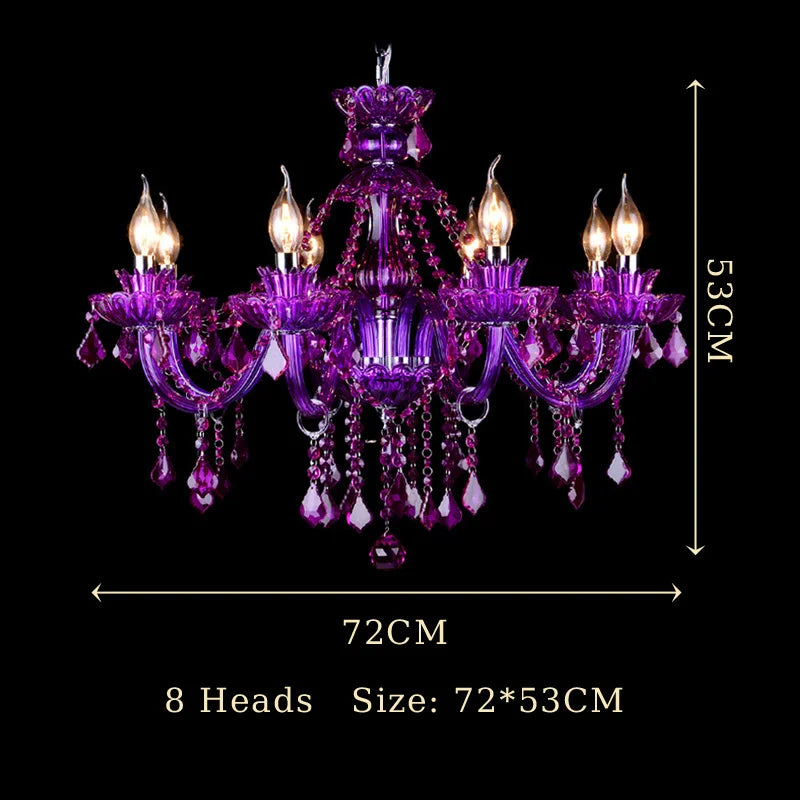 The red crystal chandelier as installed in a luxurious room setting, casting warm light.