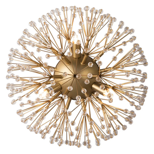 Top-down view of a gold sputnik-style wall sconce with numerous radiating arms adorned with clear crystals.