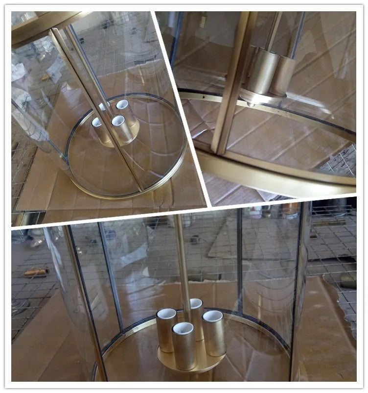 Detail shots of the interior structure and glass of a brass cylinder pendant light