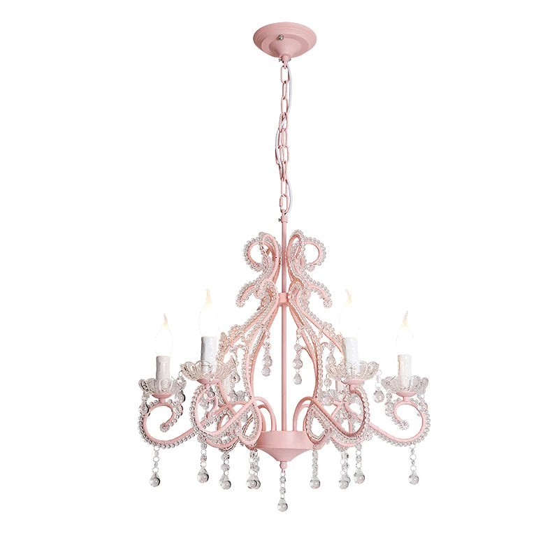 Pink chandelier with multiple arms, crystal droplets, and candle-style lights, isolated on a white background