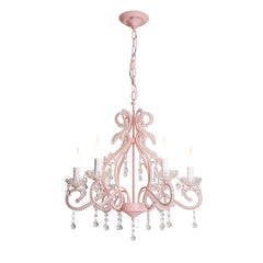 Pink chandelier with multiple arms, crystal droplets, and candle-style lights, isolated on a white background