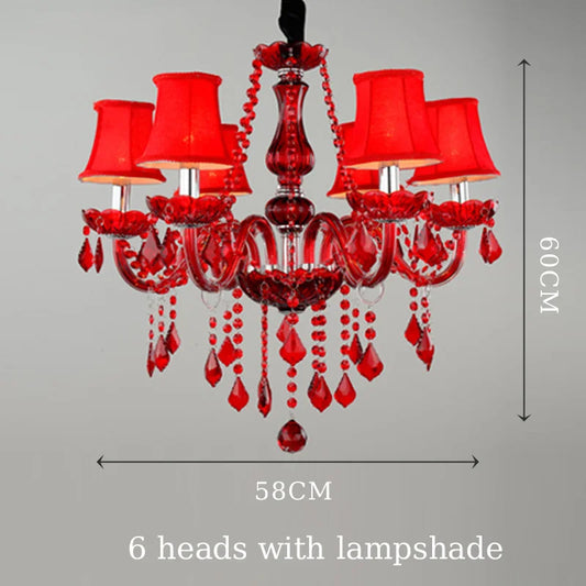 Red crystal chandelier with fabric shades, candelabra-style arms, and teardrop crystal accents, with dimension labels 58cm and 60cm.