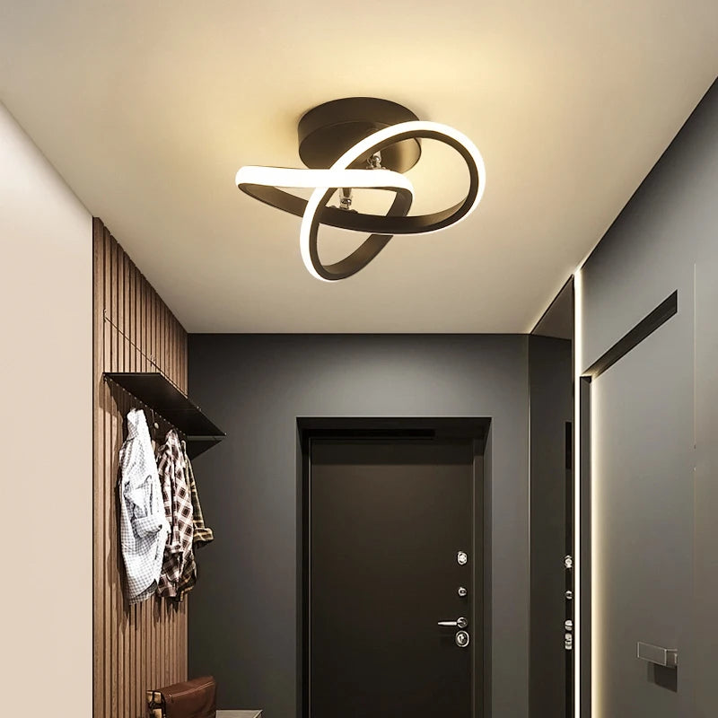Another view of the black swirl LED semi-flush ceiling light in a different hallway setting