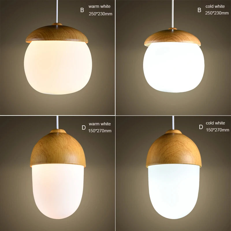 Close-up of two pendant light variants (B and D) showing warm white and cold white illumination, with dimensions indicated.