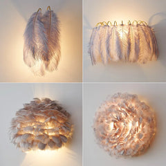 Collage showcasing various styles of gray feather wall sconces in different shapes and sizes.