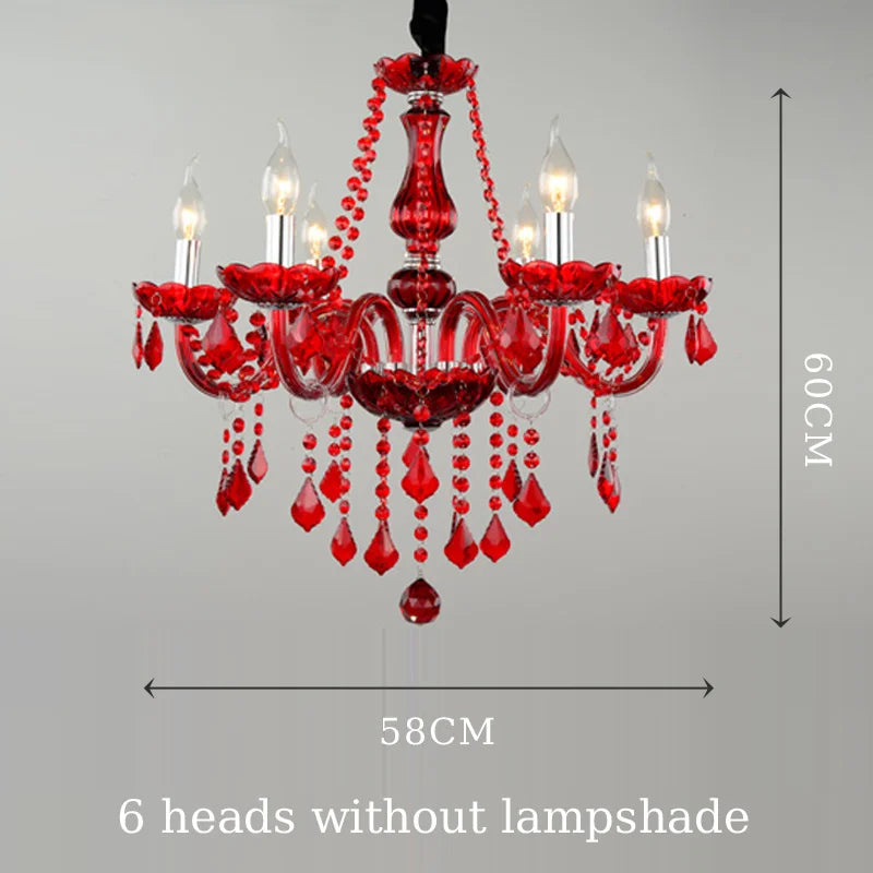 Red crystal chandelier without shades, featuring candelabra-style arms and teardrop crystal accents, with dimension labels 58cm and 60cm.