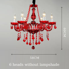 Red crystal chandelier without shades, featuring candelabra-style arms and teardrop crystal accents, with dimension labels 58cm and 60cm.