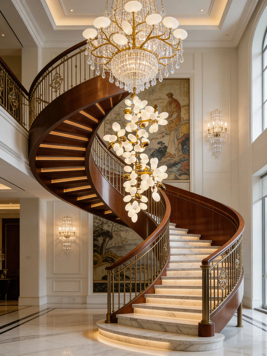 A grand foyer with a wooden spiral staircase and a gold floral chandelier.