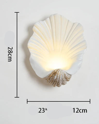 Shell-shaped wall light with dimensions and specifications on a gray background